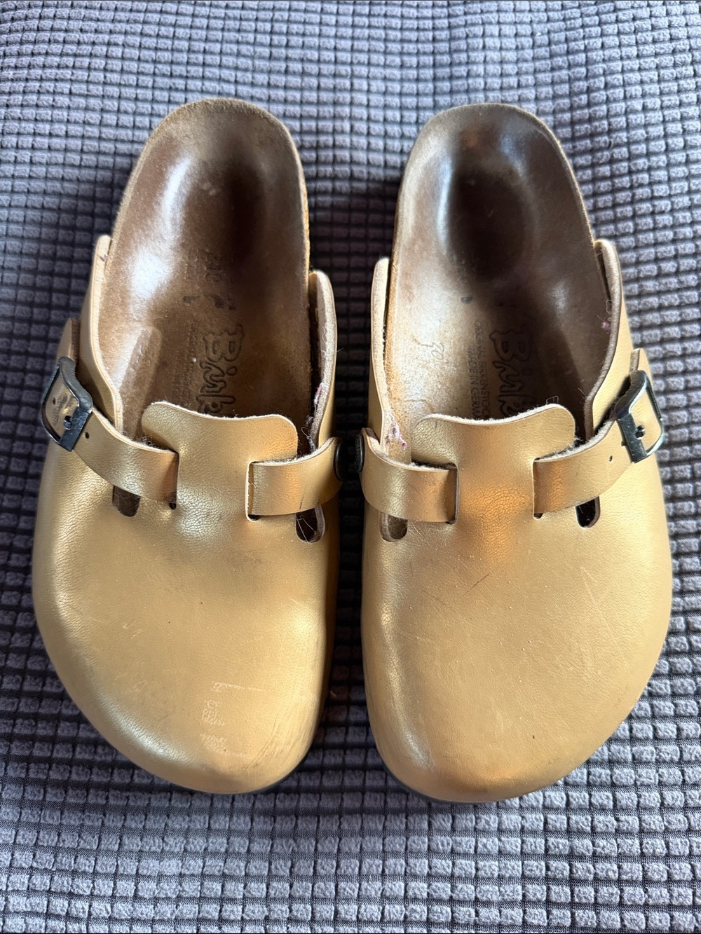 Birkenstock-Birkis Metallic Gold Slip-On Clogs with Buckle Strap